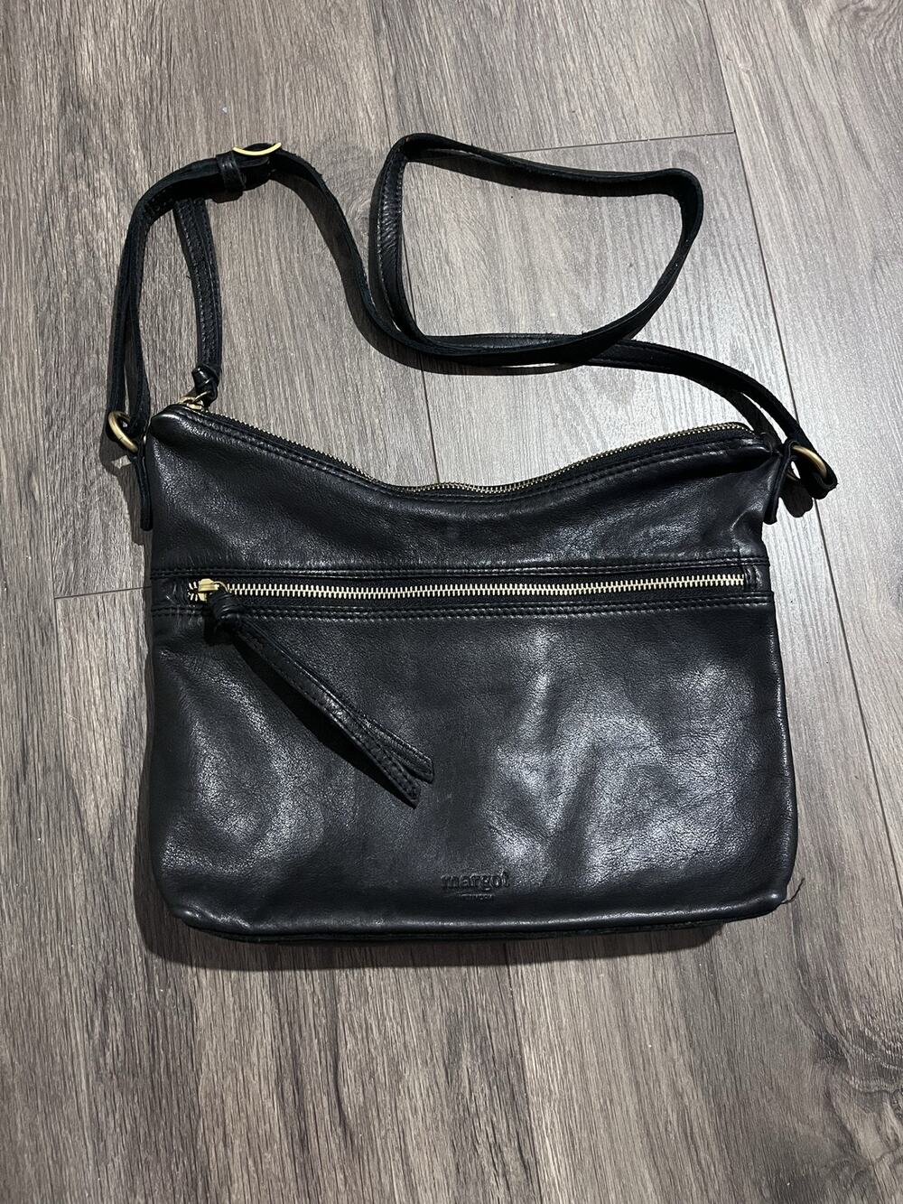 Margot New York Crossbody Womens Small Black Leather Tassel Zip Adjustable Strap